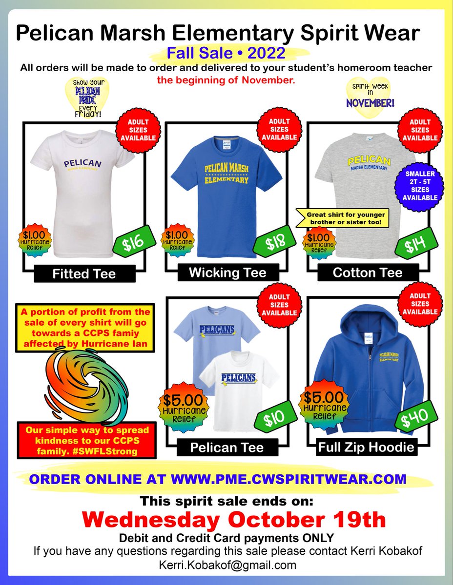 pmepelicans's tweet photo. Pelicans, it’s time to order spirit wear! 💙💛Go to the PTO website to order today! See the link below. Part of your order will go to support CCPS Families impacted by Hurricane Ian. https://t.co/SwpMVj8hFE