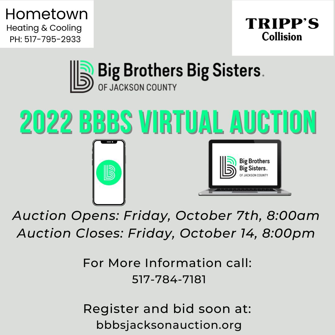 TonyBBBS's tweet photo. 5, 4, 3, 2, 1... it's @BBBSJACKSONMI #VirtualAuctionTime You can bid until Friday at 8 p.m during 80’s Night. Most items still have bids below their retail value, so don't miss out! #BeaBig #IgnitingPotential https://t.co/y9ryF2S0P9