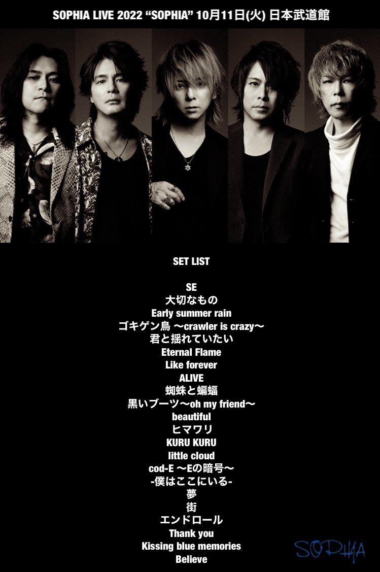 SOPHIA LIVE 2022 “SOPHIA” 10月11日(火) 日本武道館 SET LIST セトリ