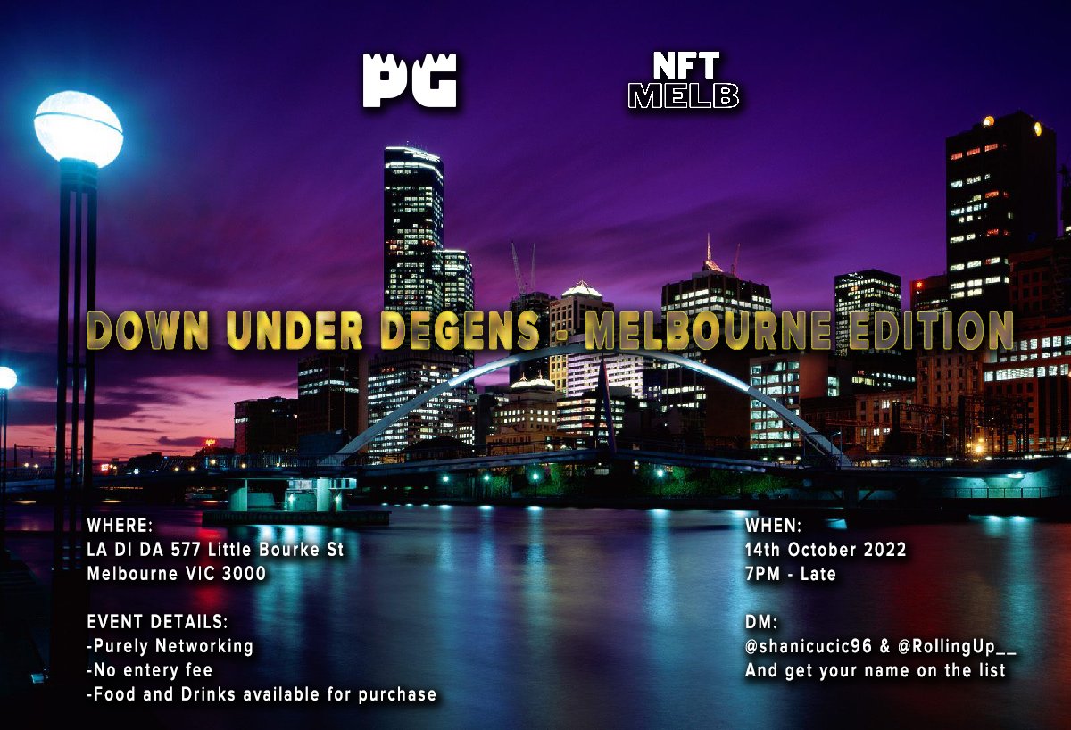 🦘🇦🇺 DOWN UNDER DEGENS 🇦🇺🦘 DATE: 7PM-LATE, FRIDAY 14 OCTOBER EVENT DETAILS: - PURELY NETWORKING - NO ENTRY FEE - FOOD/DRINKS AVAILABLE FOR PURCHASE 🤝 ORGANISED BY @PGodjira X @nftmelb 🤝 REGISTER BELOW ⬇️ tinyurl.com/mun6nwtb #aussiefollowaussie