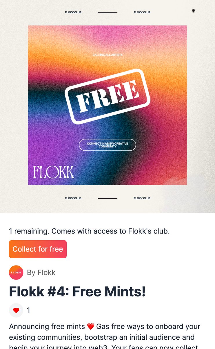 FlokkClub's tweet photo. Live now: Free mints ✨

The perfect way to find your first collectors. Set the price to 0 for your next release and let anyone collect in a single click without gas fees 🔥

With email login, pay by card and free mints - finding and onboarding fans to Flokk gets easier every day https://t.co/9wypFAXYvK