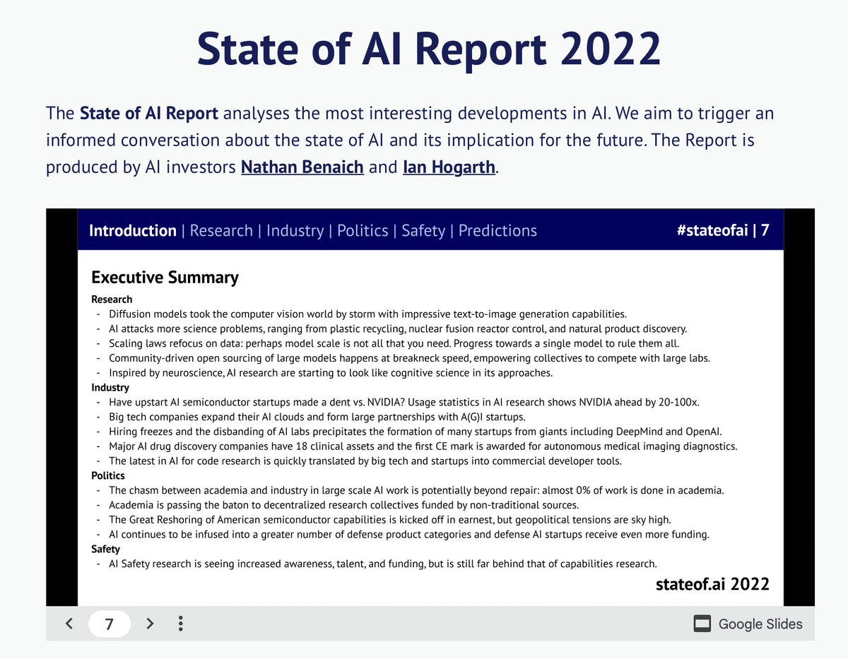 Wow, the State of AI Report 2022 is out 🔥. The report is mostly on recent developments and breakthroughs in AI research, industry, politics, and safety.

AI report 2022: stateof.ai
Companion blog post: stateof.ai/2022-report-la…

Image: High-level summary of the report