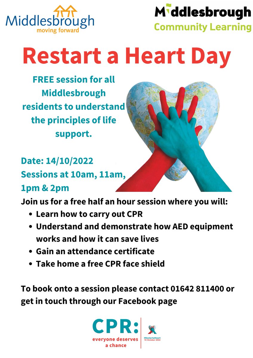 Menvcity's tweet image. A reminder that, this week, @MbroCouncil and @mbrolearning are hosting Restart a Heart Day. Four sessions throughout morning and afternoon, learn the absolutely vital skills on carrying out CPR, using AED equipment and more! Find out more and/or book by contacting 01642 811400