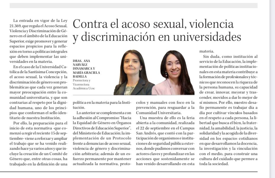 electrica_ucsc's tweet photo. Compartimos columna publicada en @DiarioConce, redactada por las Dras. Ana Narváez y Graciela Badilla, Prorrectora y Vicerrectora Académica UCSC, titulada “Contra el Acoso Sexual, violencia y discriminación en las universidades” https://t.co/nEDdQuyq9i @ucscconcepcion https://t.co/nOtU1OaqbW