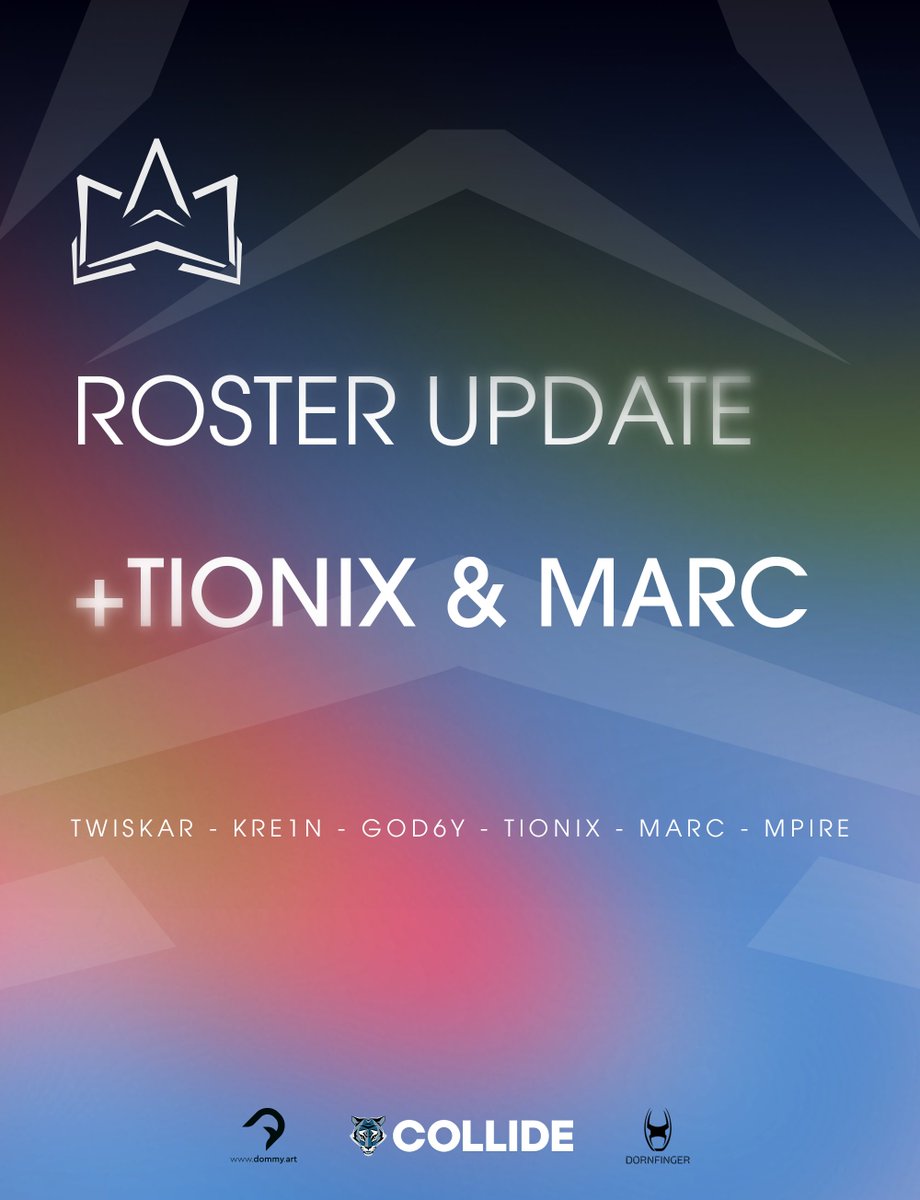 TouchTheCrown (@ttc_esport) on Twitter photo Roster Update!
Today we want to make it official.
<a href="/marrrckun/">marrrcKUN</a> and <a href="/TionixKun/">Estarossa 🚬</a> moving up to the active roster and <a href="/__Kebab/">Widyantaya</a> will move to the bench.
Also special thanks to <a href="/bevvexyz/">bevve</a> and <a href="/ZattyCS/">Zatty</a> for standing in! 🔥
#letsgottc #gottc #collide #dornfinger Roster Update!
Today we want to make it official.
<a href="/marrrckun/">marrrcKUN</a> and <a href="/TionixKun/">Estarossa 🚬</a> moving up to the active roster and <a href="/__Kebab/">Widyantaya</a> will move to the bench.
Also special thanks to <a href="/bevvexyz/">bevve</a> and <a href="/ZattyCS/">Zatty</a> for standing in! 🔥
#letsgottc #gottc #collide #dornfinger