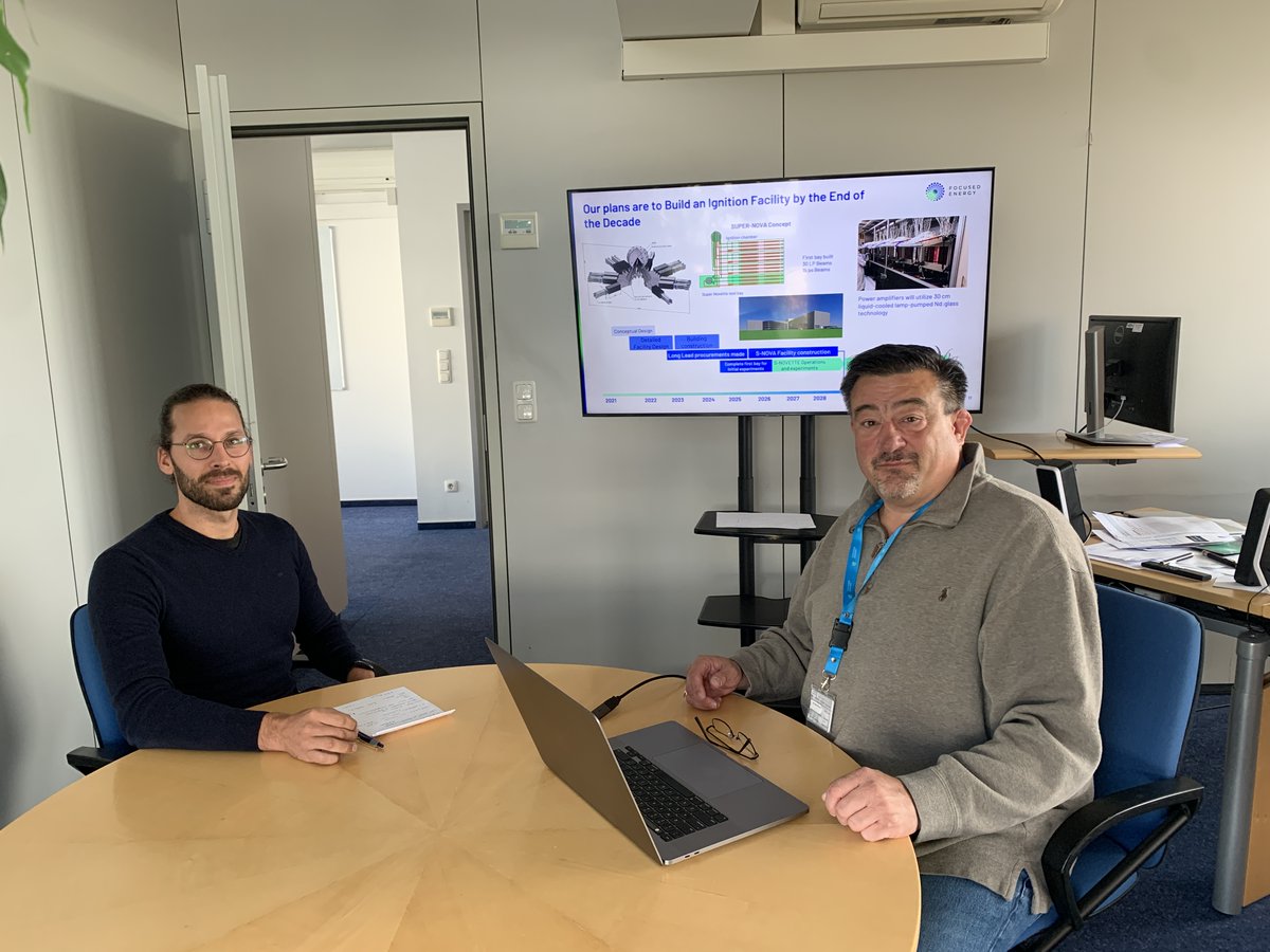 Our co-founder and CTO, Prof. Todd #Ditmire (right) and Marc Zimmer, Head of #Laser-Driven Radiation Sources, are discussing the Super-Nova #concept design. #fusion #energy #EnergyTransition