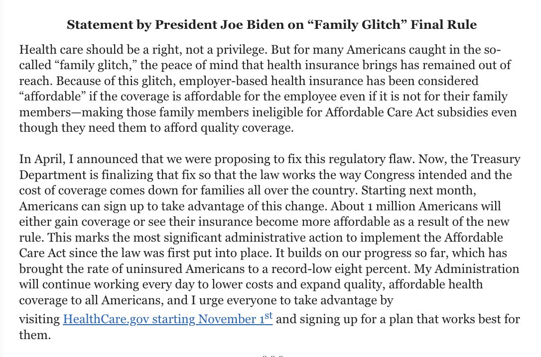 NEW: Pres. Biden says Treasury Department is finalizing fix to so-called “family glitch” that makes some ineligible for Affordable Care Act subsidies. 'Starting next month, Americans can sign up to take advantage of this change.' abcn.ws/3fZ7hka