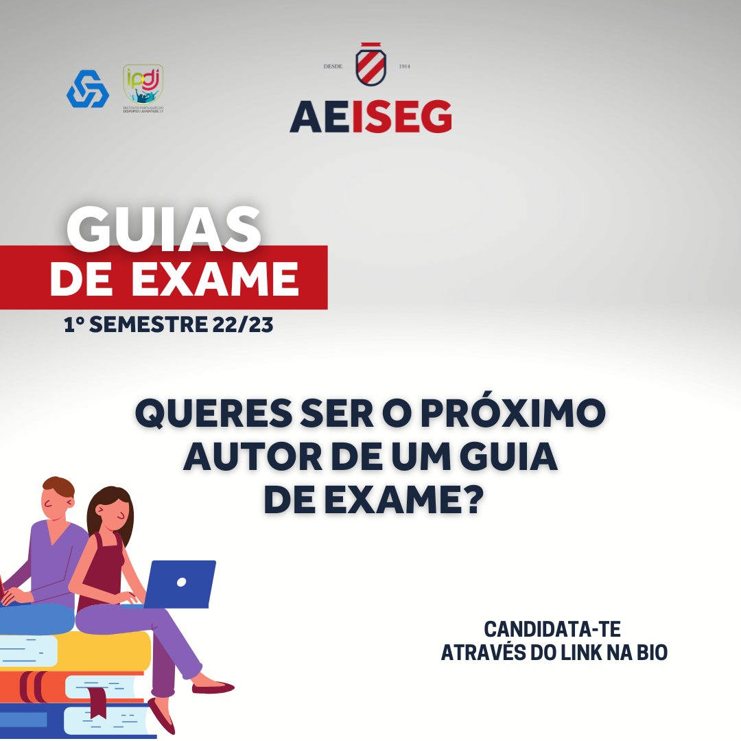 🤝Chegou a hora de ajudares os teus colegas! 

✍🏼 Elabora um Guia de Exames e vais ser o responsável pelos 20's aos cadeirões! O melhor... é que ainda serás recompensado por isso! 💰🤑

📌 Inscrições aqui: bit.ly/AutoresGuias

#ThisIsAEISEG
