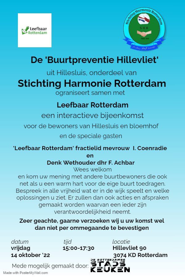 ernatruijens's tweet photo. Vrijdag 14 oktober vanaf 15.00u een interactieve bijeenkomst voor de bewoners van Hillesluis en Bloemhof met @IngridCoenradie & @FaouziAchbar
Stichting Harmonie Rotterdam #samensterk #indewijk https://t.co/MBXyZHnt99