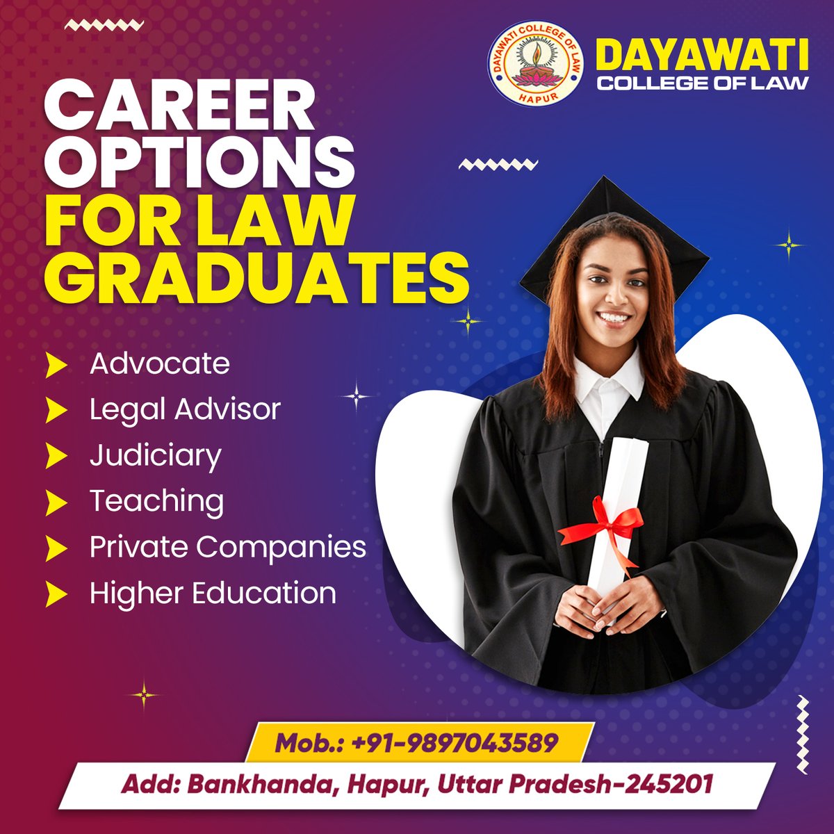 DCLHapur's tweet photo. Choosing the right career path after graduating from LLB. Here are some options we are sharing with you in case you want to make a career move. 

𝑨𝒅𝒎𝒊𝒔𝒔𝒊𝒐𝒏𝒔 𝑶𝒑𝒆𝒏, 𝑨𝒑𝒑𝒍𝒚 𝑵𝒐𝒘!!
.
.
#college #hapurcollege #law #dayawaticollege #dayawaticollegeoflaw #enrollnow https://t.co/1iJ05g9cjD