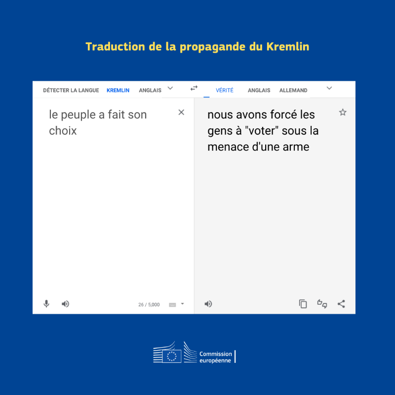 UEFrance's tweet photo. Il y a ce que dit le Kremlin.

Et puis il y a la réalité.

Quelques illustrations du fonctionnement de la désinformation de l'appareil étatique russe 🇷🇺 ↓

#EUvsDisinfo #StandWithUkraine
