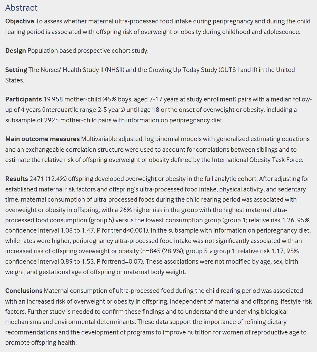 Maternal consumption of ultra-processed foods and subsequent risk of offspring overweight or obesity: results from three prospective cohort studies bmj.com/content/379/bm…