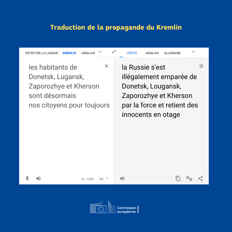 UEFrance's tweet photo. Il y a ce que dit le Kremlin.

Et puis il y a la réalité.

Quelques illustrations du fonctionnement de la désinformation de l'appareil étatique russe 🇷🇺 ↓

#EUvsDisinfo #StandWithUkraine
