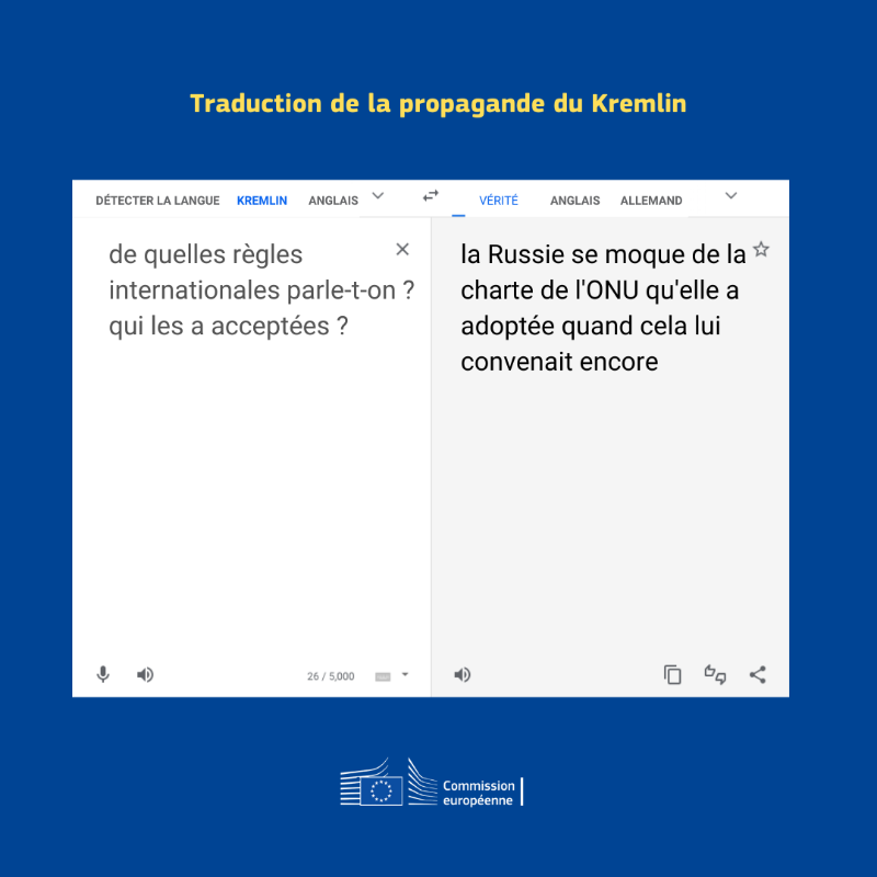 UEFrance's tweet photo. Il y a ce que dit le Kremlin.

Et puis il y a la réalité.

Quelques illustrations du fonctionnement de la désinformation de l'appareil étatique russe 🇷🇺 ↓

#EUvsDisinfo #StandWithUkraine