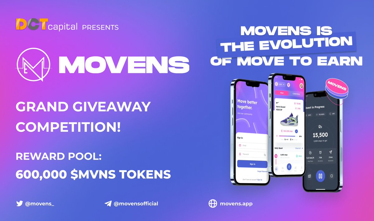 <a href="/movens_/">MOVENS - Battle with your Step!</a> Grand #Giveaway Competition🤩!

Next-Gen #Web3 #MoveToEarn combined with battle mode. Built with #GameFi &amp; #SocialFi element

gleam.io/8rt2t/movens-g…

Reward Pool: 600,000 $MVNS Tokens
Retweet &amp; Tag Your Friends

#Movens #Metaverse #NFTs #IDO #BTC #Crypto #altcoins #M2E