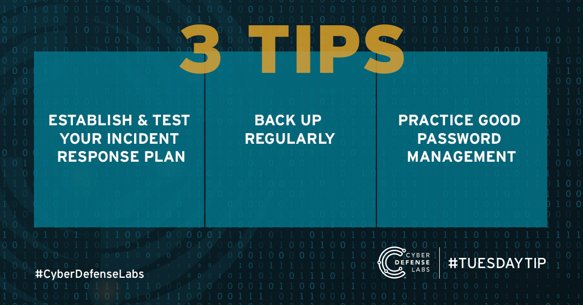 October is #cybersecurityawarenessmonth. It is a good time to review your cybersecurity program and make sure you 1) have an incident response plan, 2) back up your data regularly and 3) practice good password management. 

#Cybersecurityawarenessmonth, #BeCyberSafe