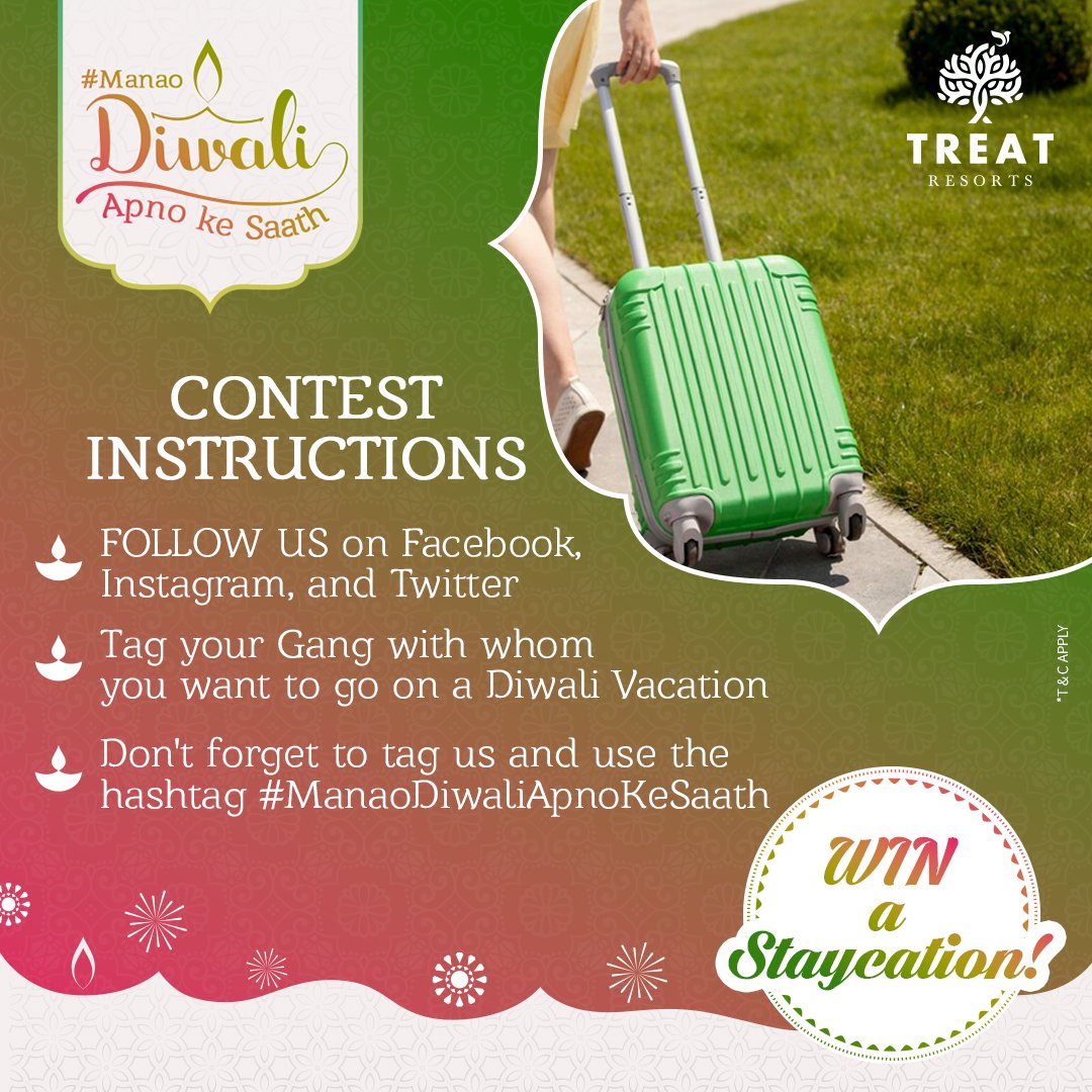 ExperienceTreat's tweet photo. 𝐀𝐫𝐞 𝐲𝐨𝐮 𝐫𝐞𝐚𝐝𝐲 𝐟𝐨𝐫 𝐚𝐧 𝐞𝐱𝐜𝐢𝐭𝐢𝐧𝐠 𝐂𝐨𝐧𝐭𝐞𝐬𝐭!? 🥳🎉
Participate and stand a chance to Win an amazing Staycation at #TreatResorts!

𝐇𝐮𝐫𝐫𝐲! 𝐃𝐨𝐧’𝐭 𝐦𝐢𝐬𝐬 𝐭𝐡𝐢𝐬 𝐜𝐡𝐚𝐧𝐜𝐞!
#ManaoDiwaliApnoKeSaath #ContestAlert #DiwaliContest #Silvassa #Gholvad https://t.co/E6jD7tM7nW