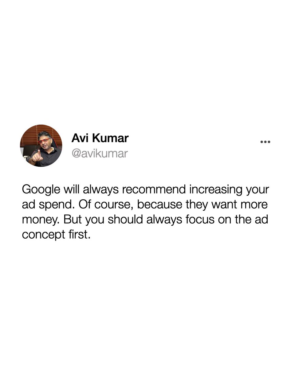 avikumar's tweet image. Always remember this rule of thumb: focus on concepts, not mechanics.

#PPC #PPCservices #GoogleAds #Kuware #advertising #digitaladvertising #entrepreneurship #scale