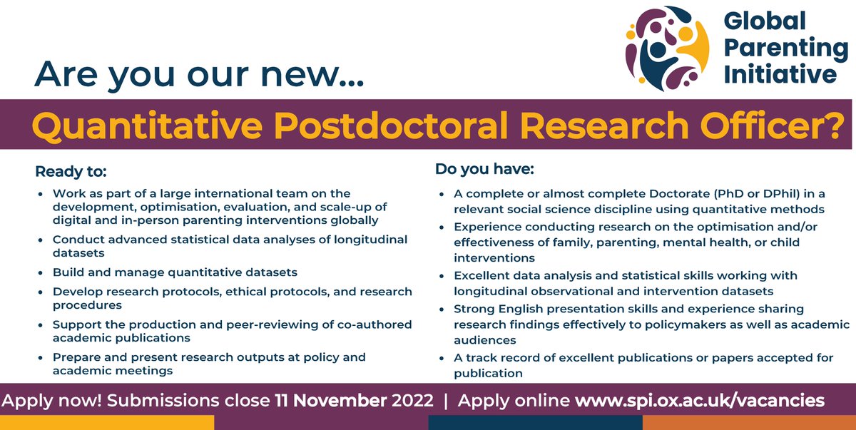 GPI_Parenting's tweet photo. 📢#JobOpening:  @GPI_Parenting through 
@DSPI_Oxford is #Recruiting a Quantitative Postdoctoral Research Officer.

#DataAnalysis and #Research skills required.

Apply by 11 Nov 2022
https://t.co/kp6j8loTVr

#Hiring #JobOpportunity #Jobs #PostDocJobs #ResearchJobs https://t.co/aKXXsvNJQ7