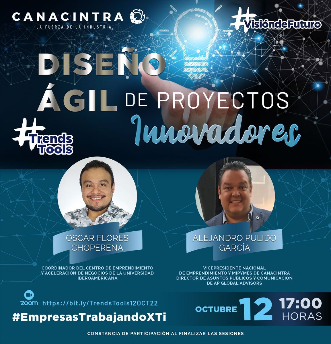 CANACINTRAMex's tweet photo. ⭕️Miércoles 11 de oct.
🔺Trends &amp; Tools de #CANACINTRA

 Nuestro VPN de #Emprendimiento y #MiPyMEs, @AlexPulidoG platicará con @oscarfchoperena, Coordinador de @IberoCEAN.

✅"Diseño Ágil de Proyectos Innovadores"

🗓Virtual, 17:00
✅Registro en: https://t.co/eGyg5Tg85G. https://t.co/Sgzx4JRAcI