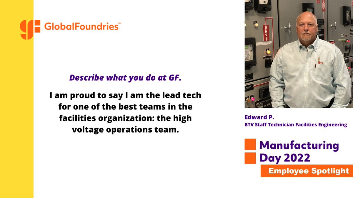 GlobalFoundries's tweet photo. We're kicking off our #GFManufacturing employee spotlight series! Meet Ed, a vital member of our facilities engineering team in Burlington, VT. Ed has worked at this site for 42 years!
Thank you, Ed, and all our manufacturing employees for driving the success of our business! https://t.co/xmBE5Nw5Vm