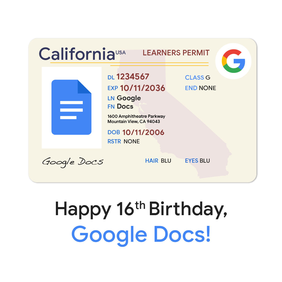 A Happy Birthday message alongside a California Learner's Permit for Google Docs 