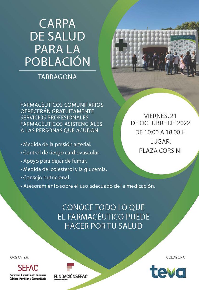 SEFAC_aldia's tweet photo. ¡Nueva #carpaSEFAC a la vista! El 21 de octubre, en Tarragona y de la mano de @Teva_es, volveramos a instalar una carpa de salud abierta a la población

¡Te esperamos en la Plaza Corsini! https://t.co/26R1vrESAm