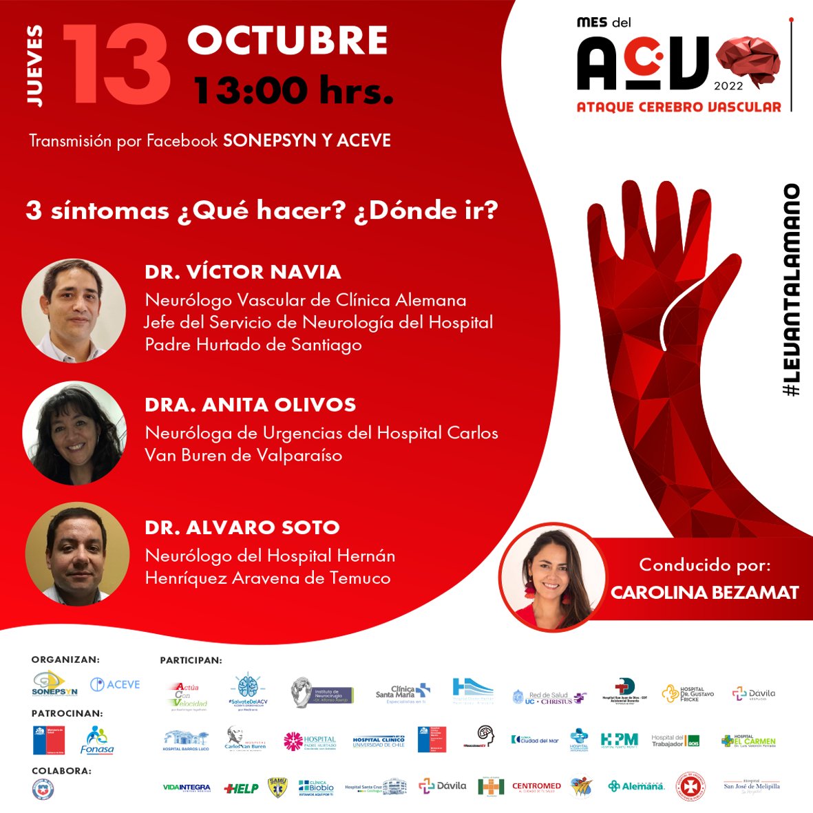 El 13 de octubre ¡tenemos nuestro primer webinar 👨‍⚕️👩‍💻👩‍⚕️!
En esta ocasión hablaremos sobre el reconocimiento de los síntomas de un ACV y la relevancia de actuar rápido. 
Confirma tu asistencia en el evento fb.me/e/1V2ELAbjZ
¡y sigamos generando conciencia sobre el #ACV! 🧠