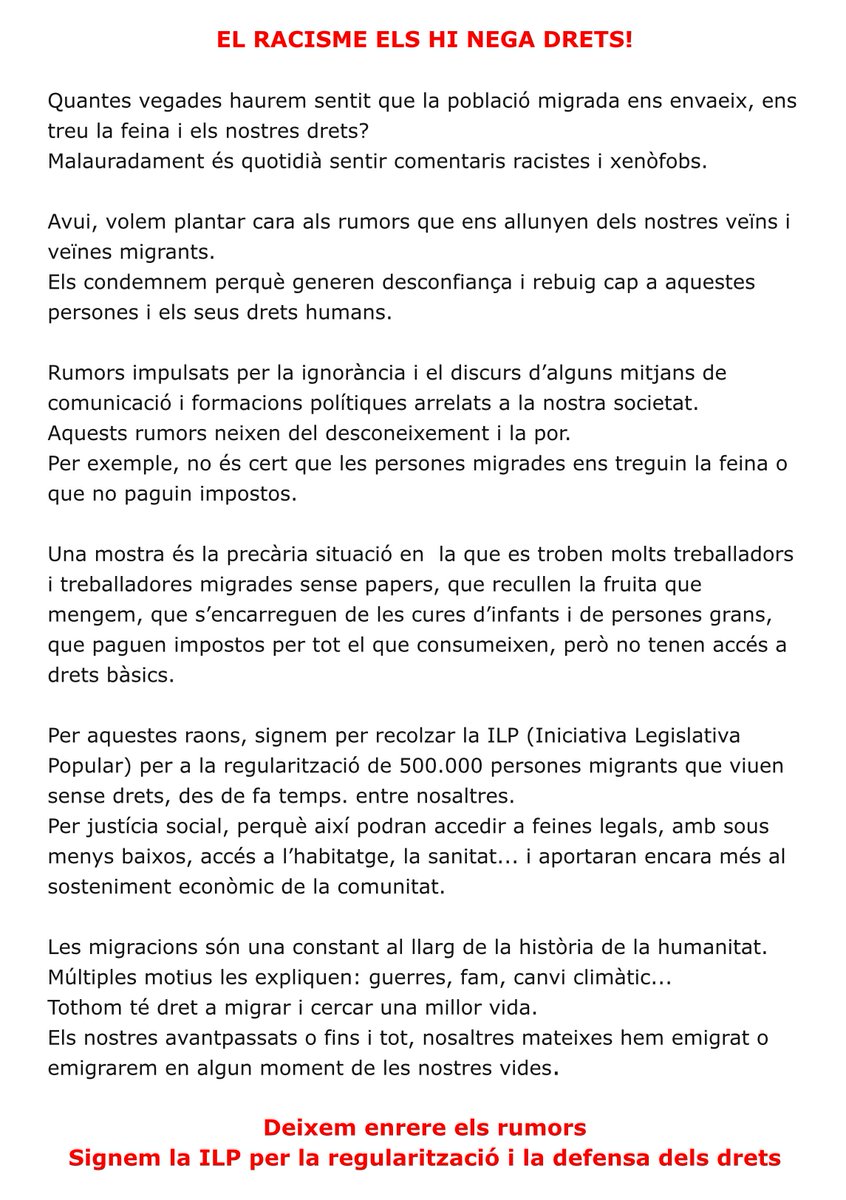 📢#StopMM Sants, Hostafrancs i La Bordeta sortim al carrer per donar suport a la ILP #RegularizacionYA  👉 per #JusticiaSocial i perquè totes les persones han de tenir garantits els #DretsFonamentals! 

📅12O
🕖19.30h
📌Pl. Sants

🙋‍♀️Apropa't i suma't amb la teva signatura!
