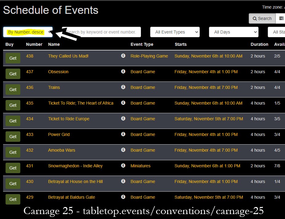 We have a wicked lot of games to sign up for at Carnage. To find the newest submissions easily, visit our TTE site, events schedule, &amp; filter by number, descending. Don't forget, badge pre-registration ends on Oct 21! That's only a week &amp; a half away! 
tabletop.events/conventions/ca…