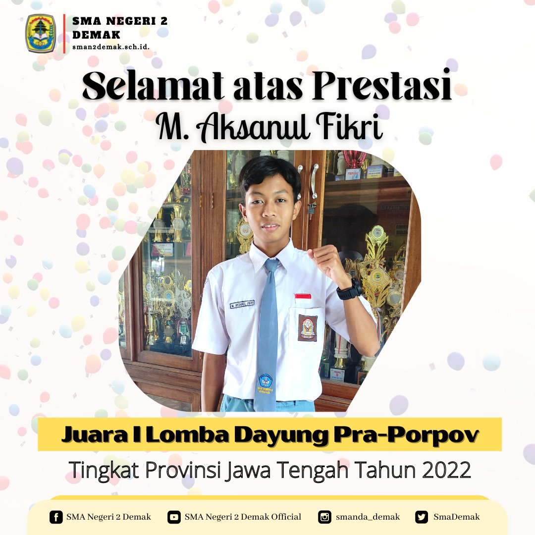 smanda_demak's tweet photo. Selamat atas prestasi M. Aksanul Fikri (XI IPS 5) menjadi Juara I Lomba Dayung Pra-Porpov Tk. Prov. Jateng
Mohon dukungan &amp; doa untuk Fikri yg akan mewakili Prov Jateng di tingkat nasional. Terima kasih

Smanda, siap, jaya, berprestasi!
@cabdindikwil2 @dindikbud_demak @pdkjateng https://t.co/vDm2SUMUAo