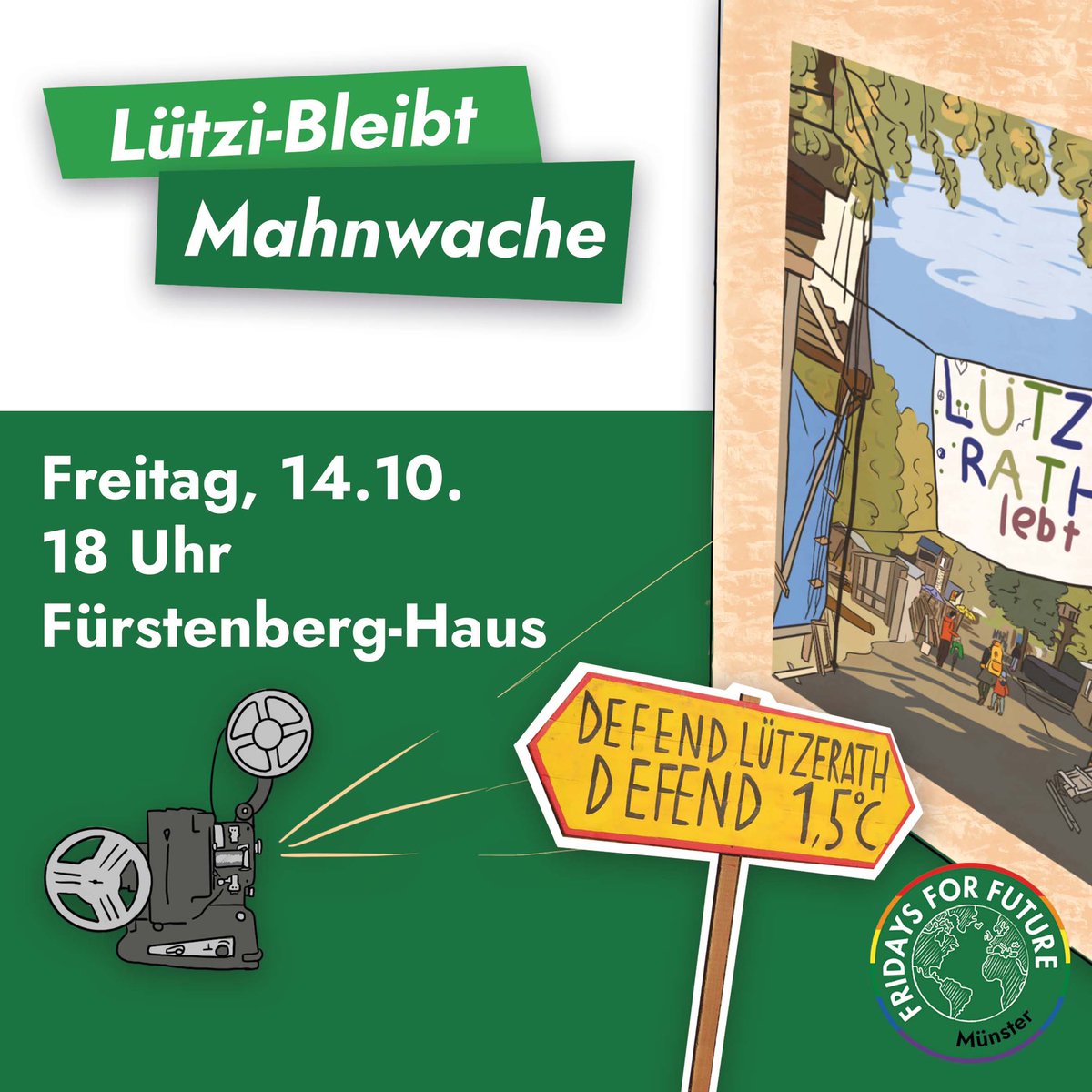 Wir machen eine Mahnwache, damit #LuetziBleibt 
🗓 Freitag, 14.10.22
🕕 18 Uhr
📍Fürstenberghaus