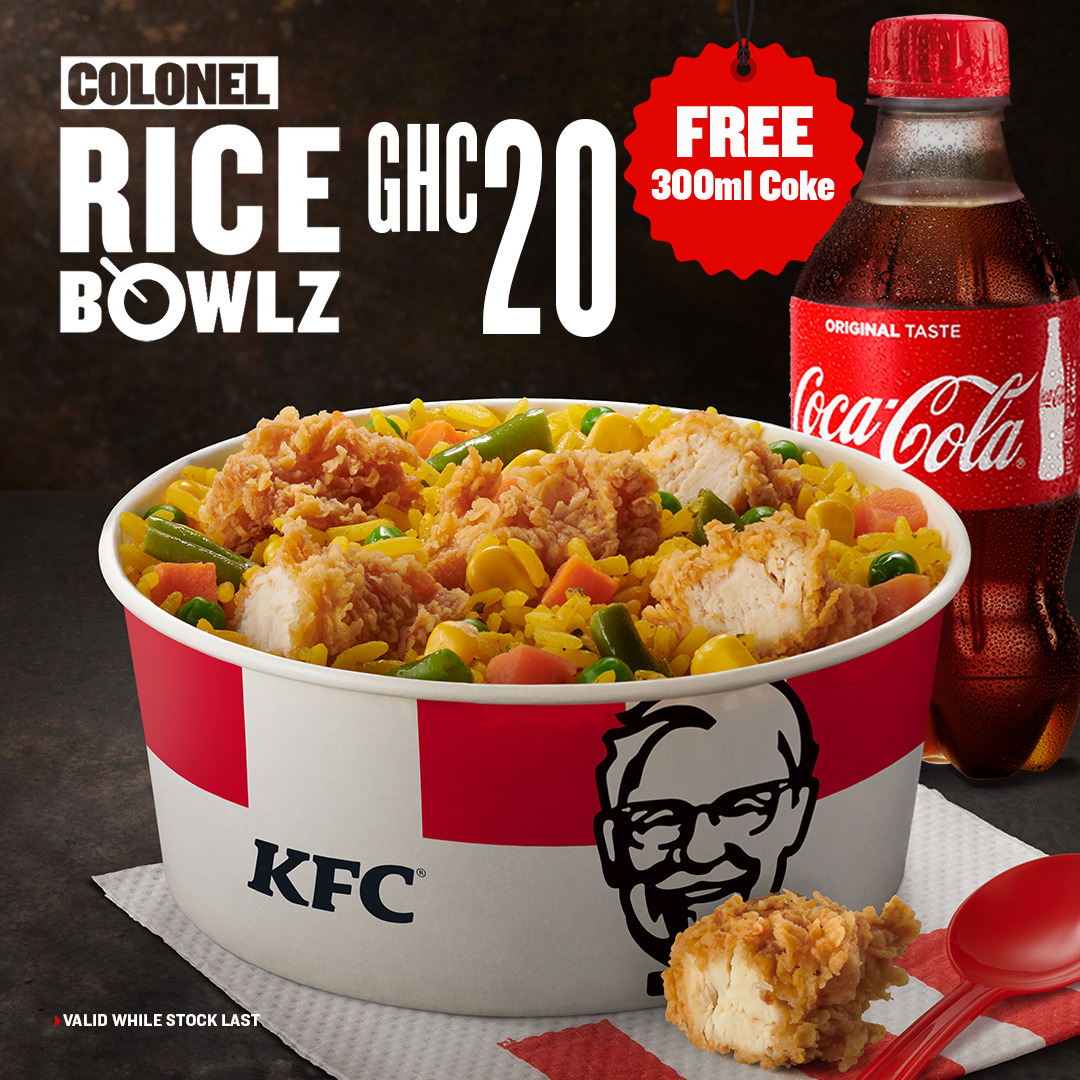Enjoy a free coke when you purchase a <a href="/KFC_Ghana/">KFC Ghana</a> Colonel Rice Bowl #RealMagic