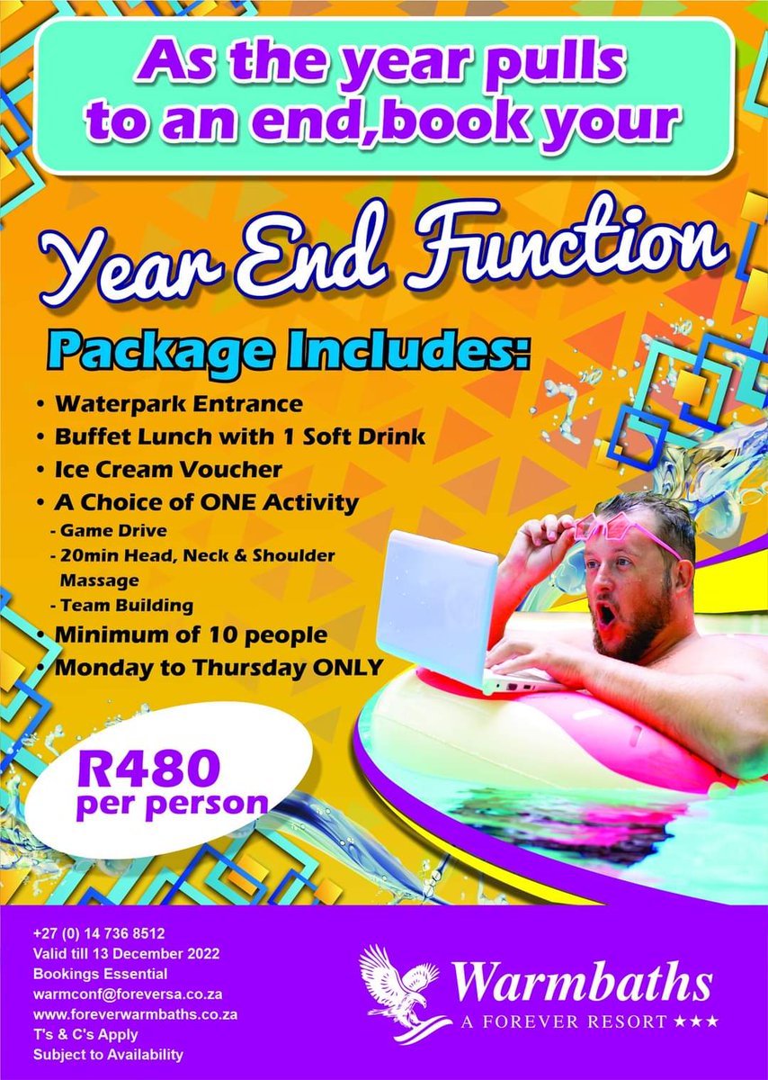 ForeverWarmbath's tweet photo. 🤩😎😀Get Your Team Together for your Year End Function at Warmbaths, A Forever Resort! 😃🤩😎
☎️Bookings must be made directly with our Conference Team on 014 736 8512
#foreverwarmbaths #ForeverResort #BELABELA #yearendfunctions #yearend https://t.co/etNOrvNXM8
