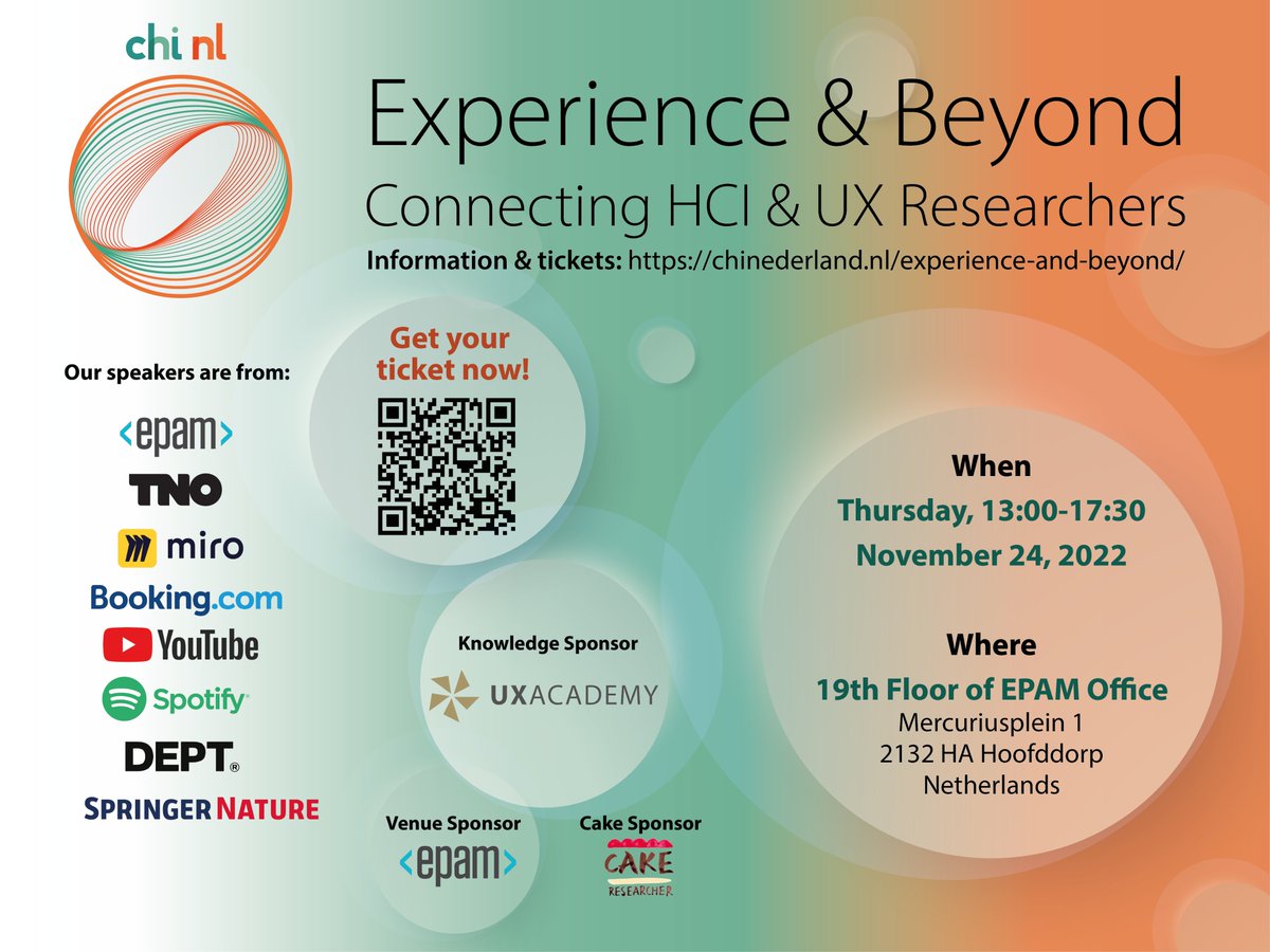 CHI NL (@chinl) on Twitter photo 📣 Experience & Beyond
Join us for talks by industry HCI/UX professionals <a href="/EPAMSystems/">EPAM Systems</a> <a href="/TNO_Research/">TNO Research</a> <a href="/MiroHQ/">Miro</a> <a href="/YouTube/">YouTube</a> <a href="/Spotify/">Spotify</a> <a href="/DeptAgency/">DEPT®</a> <a href="/SpringerNature/">Springer Nature</a> <a href="/bookingcom/">Booking.com</a>
➡️Nov 24, 2022
➡️Info+tickets chinederland.nl/experience-and…
Sponsors @uxacademyNL cake-researcher.com
cc <a href="/sigchi/">ACM SIGCHI</a> 📣 Experience & Beyond
Join us for talks by industry HCI/UX professionals <a href="/EPAMSystems/">EPAM Systems</a> <a href="/TNO_Research/">TNO Research</a> <a href="/MiroHQ/">Miro</a> <a href="/YouTube/">YouTube</a> <a href="/Spotify/">Spotify</a> <a href="/DeptAgency/">DEPT®</a> <a href="/SpringerNature/">Springer Nature</a> <a href="/bookingcom/">Booking.com</a>
➡️Nov 24, 2022
➡️Info+tickets chinederland.nl/experience-and…
Sponsors @uxacademyNL cake-researcher.com
cc <a href="/sigchi/">ACM SIGCHI</a>