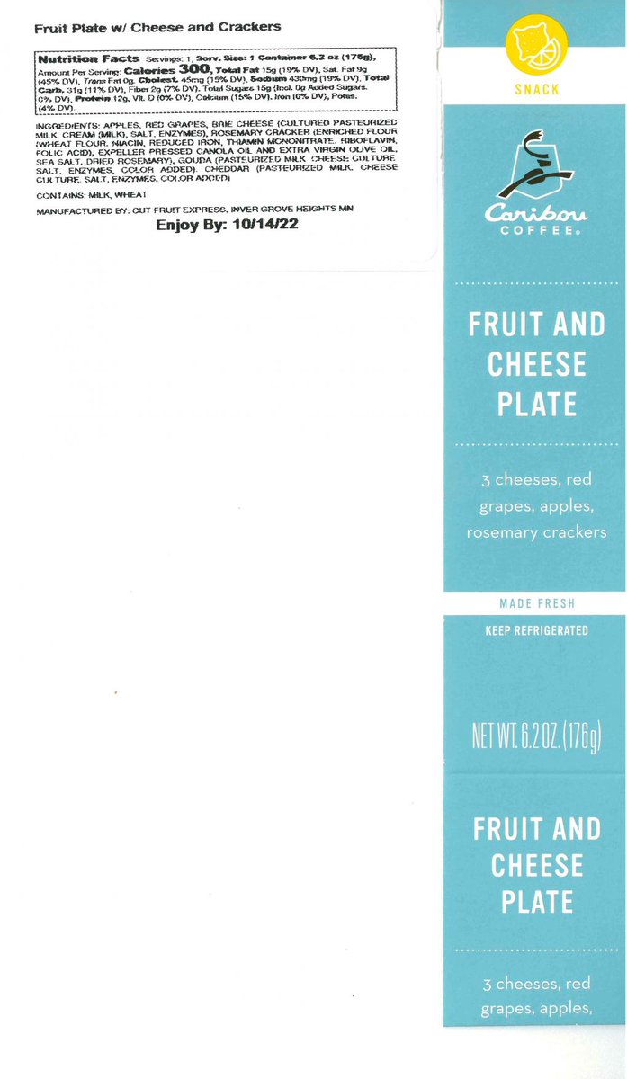 FDArecalls's tweet photo. Cut Fruit Express Recalls Caribou Coffee Fruit and Cheese Plate Because of Possible Health Risk https://t.co/jaSYL3I5Vm https://t.co/pYFwoVKRt1
