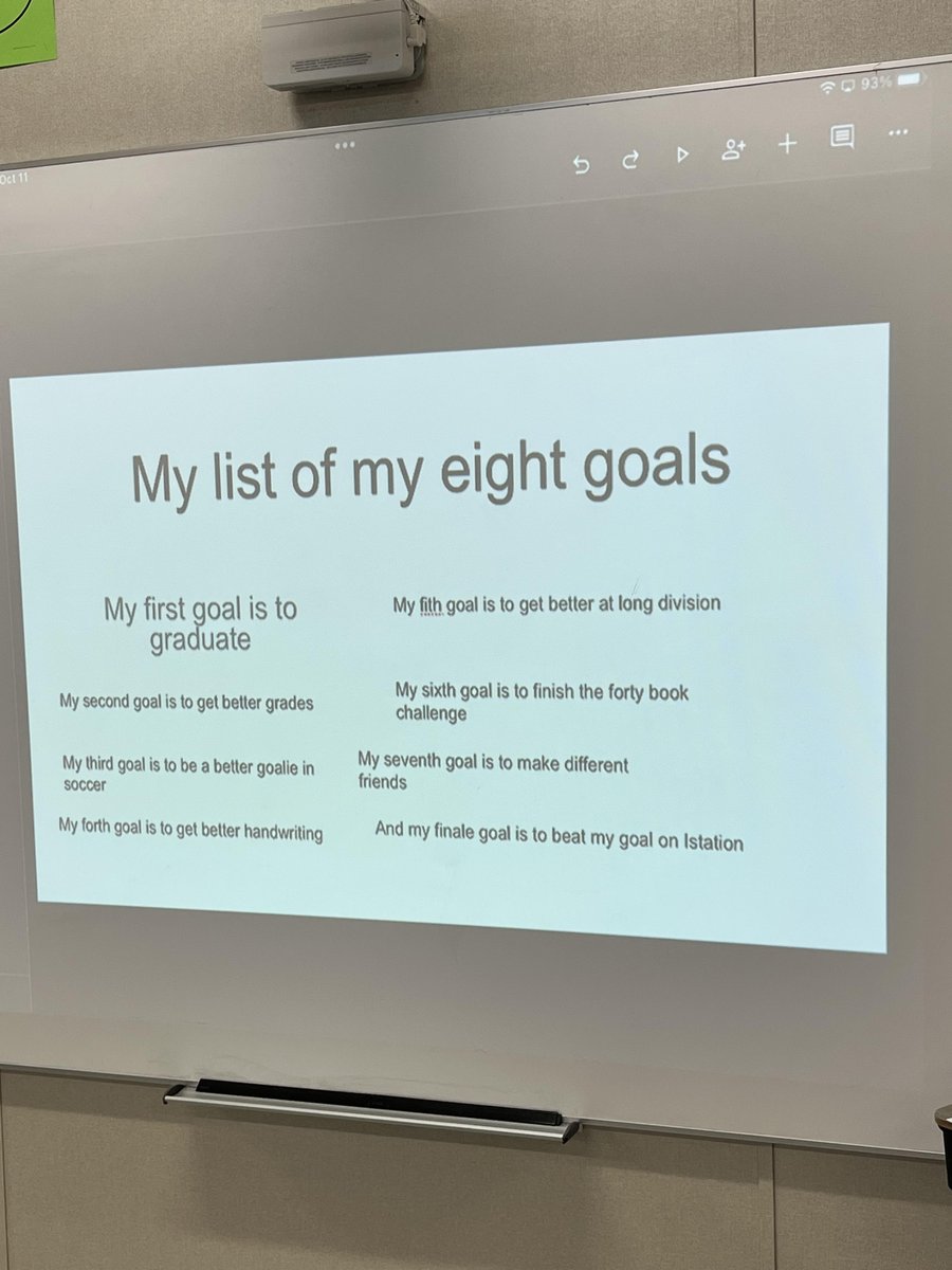 GorescuFrench's tweet photo. Today's morning writing task was to quick write 8 goals we want to achieve, present them to the class, and then cross-compared our goals with our classmate's goals. We got together in small groups to brainstorm ways to achieve our goals. #VickeryWrites #ilovevickery https://t.co/o9mtSiBTFT
