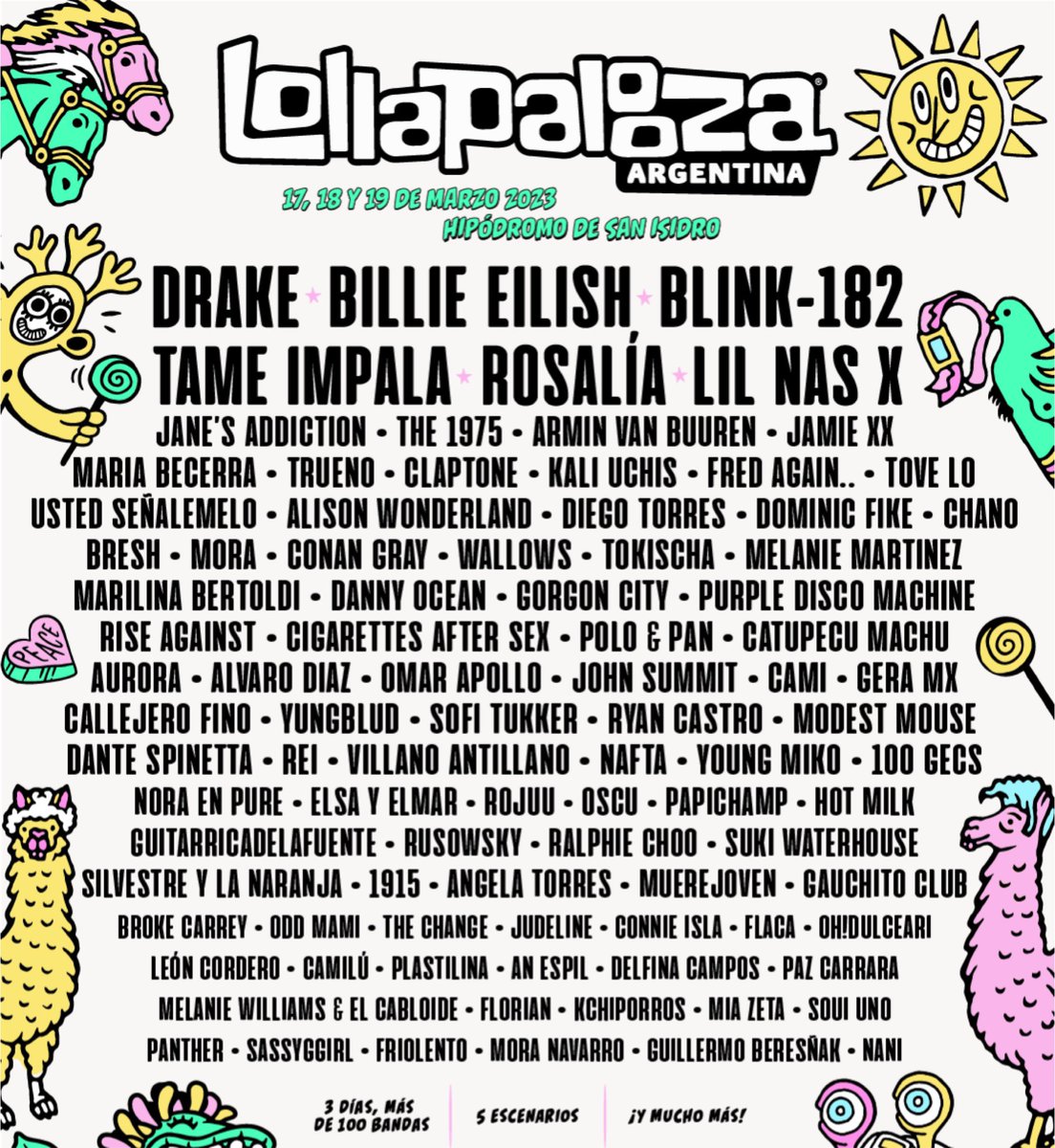 Los40ar's tweet photo. 👉 @lollapaloozaar anuncia su Line Up 🎉 Rosalía, Drake, Billie Eilish, Blink 182, María Becerra, Chano, Trueno y Danny Ocean son algunos de los artistas confirmados para la edición 2023 😎 https://t.co/5DKG3WE3Wb