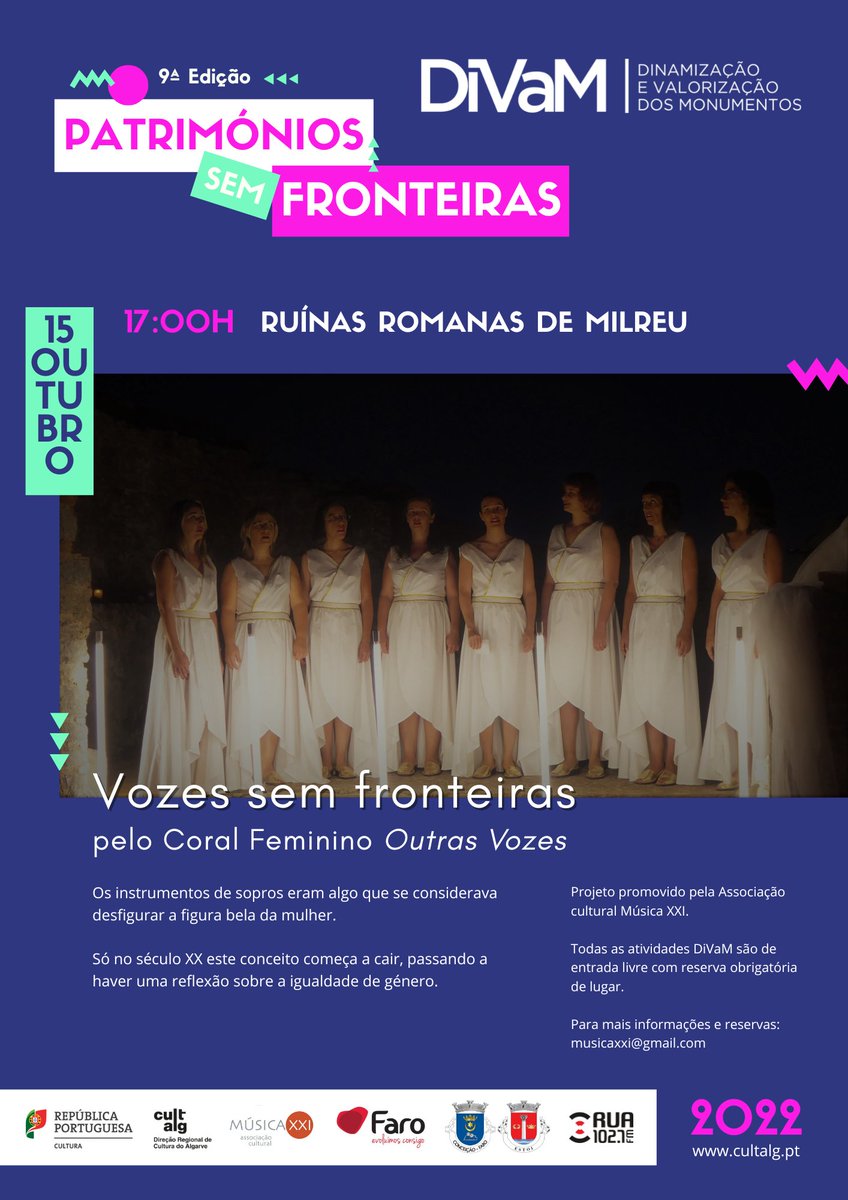CulturaAlgarve's tweet photo. Associação Cultural Música XXI apresenta, em #Milreu, o projeto “Vozes sem fronteiras”, pelo Coral Feminino “Outras Vozes”, já este sábado, dia 15 de outubro, às 17h00. 
 Informações e reservas: musicaxxi@gmail.com.

Apoiado pelo #DiVaM, umas das áreas do PAACA. https://t.co/mJr4lIV6sp