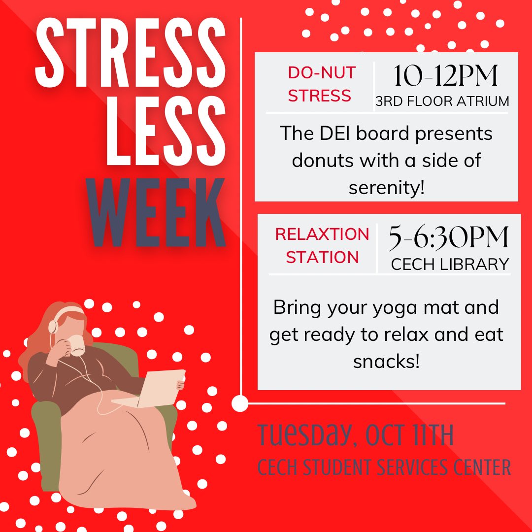 CECHSSC's tweet photo. We have a super relaxing day of activities, and we cannot wait to see everyone come out. Can you resist free food and yoga? #stresslessweek #universityofcincinnati https://t.co/woP4chmsPY