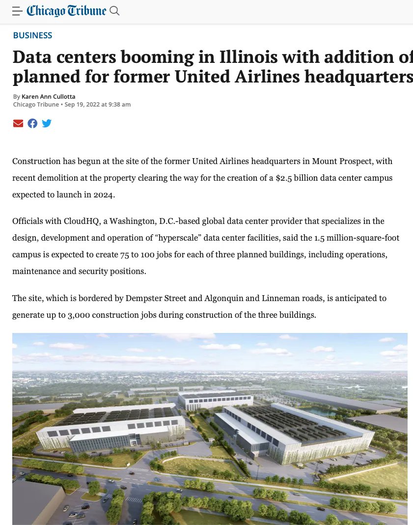 New article written by Karen Ann Cullotta: Data centers booming in Illinois with addition of $2.5 billion site planned for former United Airlines headquarters

Construction has begun at the site of the former Unit... – See it here: buff.ly/3RgvbVA