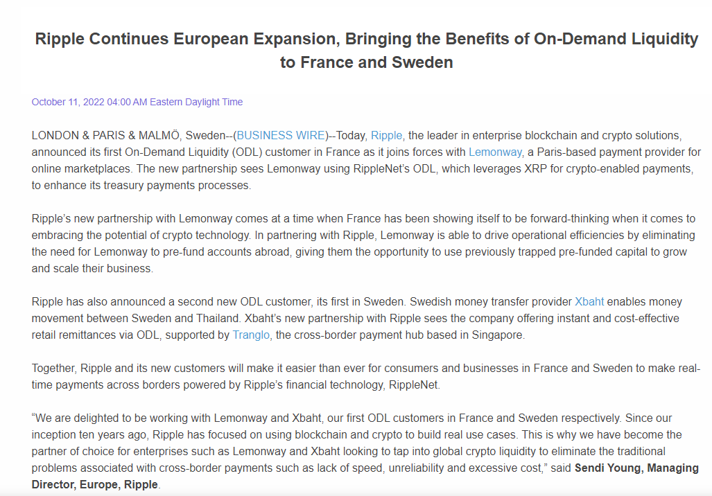 SwanDesk's tweet photo. BREAKING: Ripple has partnered with Lemonway and Xbaht to leverage its On-Demand Liquidity (ODL ) solution to offer crypto payments across Europe.

$XRP #Ripple #Crypto https://t.co/Sxh0Ss0n1I