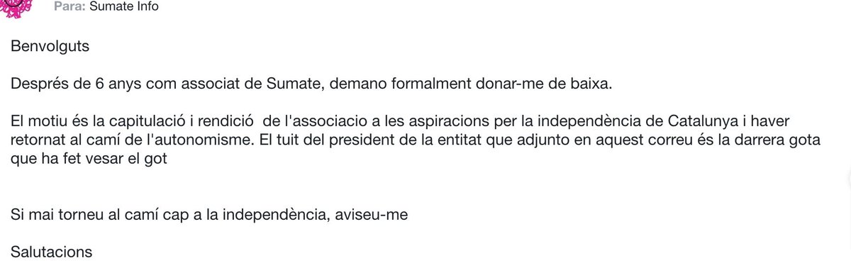 persistirem's tweet photo. Hola @sumate_asoc, reviseu la safata d'entrada del correu info@sumate.cat, teniu un mail demanat la baixa de l'entitat. 
Salutacions. https://t.co/cGdwsq6xwG