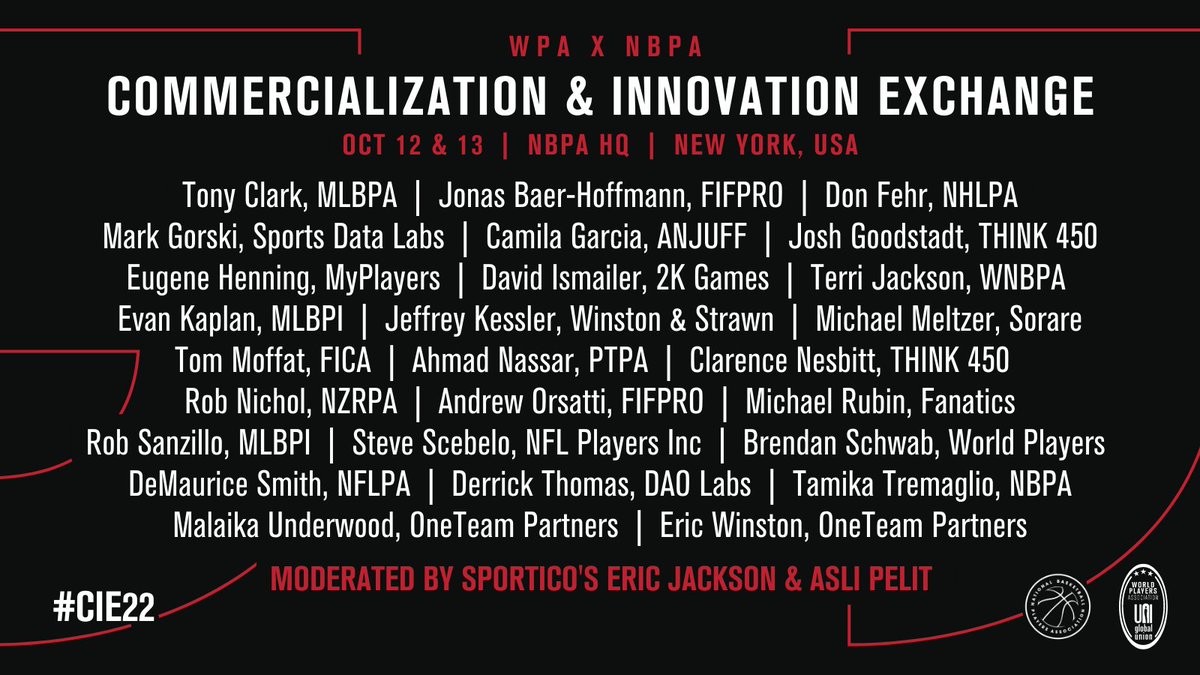 WorldPlayersWPA's tweet photo. This week's #CIE22 features talks from over 20 player association leaders across all major sports &amp; major industry partners, @2K, @Sorare, @sportsdatalabs, @DAOLabs_xyz &amp; more – with a keynote address from CEO of Fanatics @michaelrubin 🔥

#WPAxNBPA #WorldPlayersUnited https://t.co/aI8Bq1vxWV