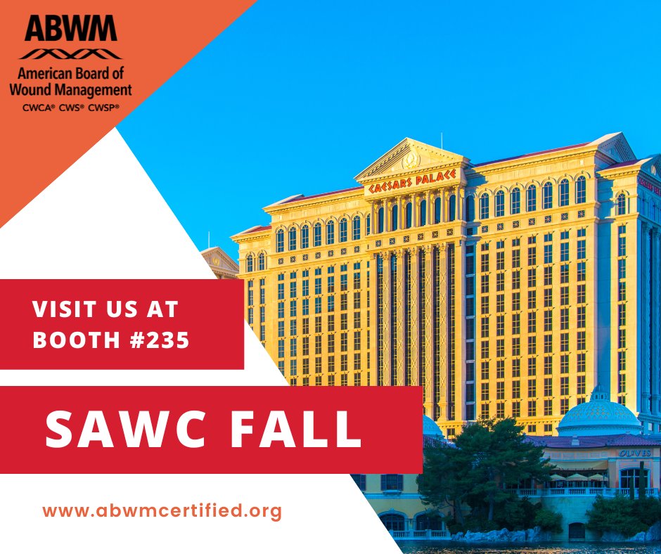 abwmcertified's tweet photo. Here at ABWM we are very excited to be exhibiting at #SAWCFall later this week. The exhibit hall opens this Friday, October 14th at 4.45pm in Caesar's Palace, Las Vegas. Come find us at booth #235 to chat to our staff about #woundcare certification and pick up some fun giveaways! https://t.co/fxhnTS99tg