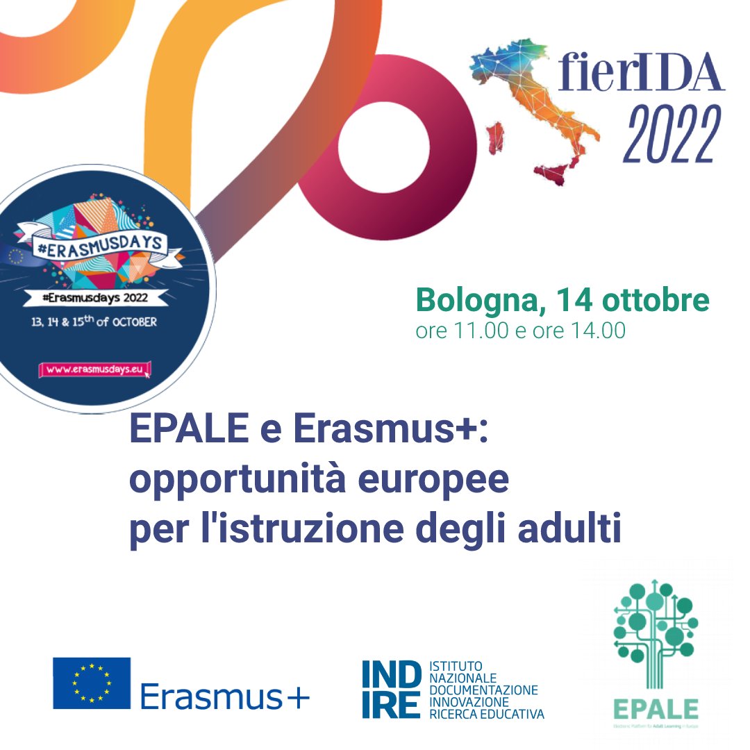EPALE_IT's tweet photo. Workshop EPALE a #FierIDA per gli #ErasmusDays.
Il 14/10 proporremo due laboratori per entrare nel mondo della collaborazione europea 🇪🇺 con EPALE e le opportunità #ErasmusPlus #Adultedu
Anticipazioni #Epalecommunityconference con @EPALE_EU
Partecipate!
👉https://t.co/TxSpcrpLsP https://t.co/6CpNPvnwJN