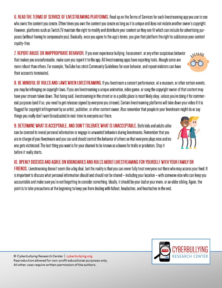 National Bullying Prevention Month, Day 11! Livestreaming continues to grow in popularity on Twitch, TikTok, Discord, YouTube, Instagram, and Facebook. But there are ways to do it safely, wisely, and responsibly.  Help students do so with these ten tips: cyberbullying.org/livestreaming-…