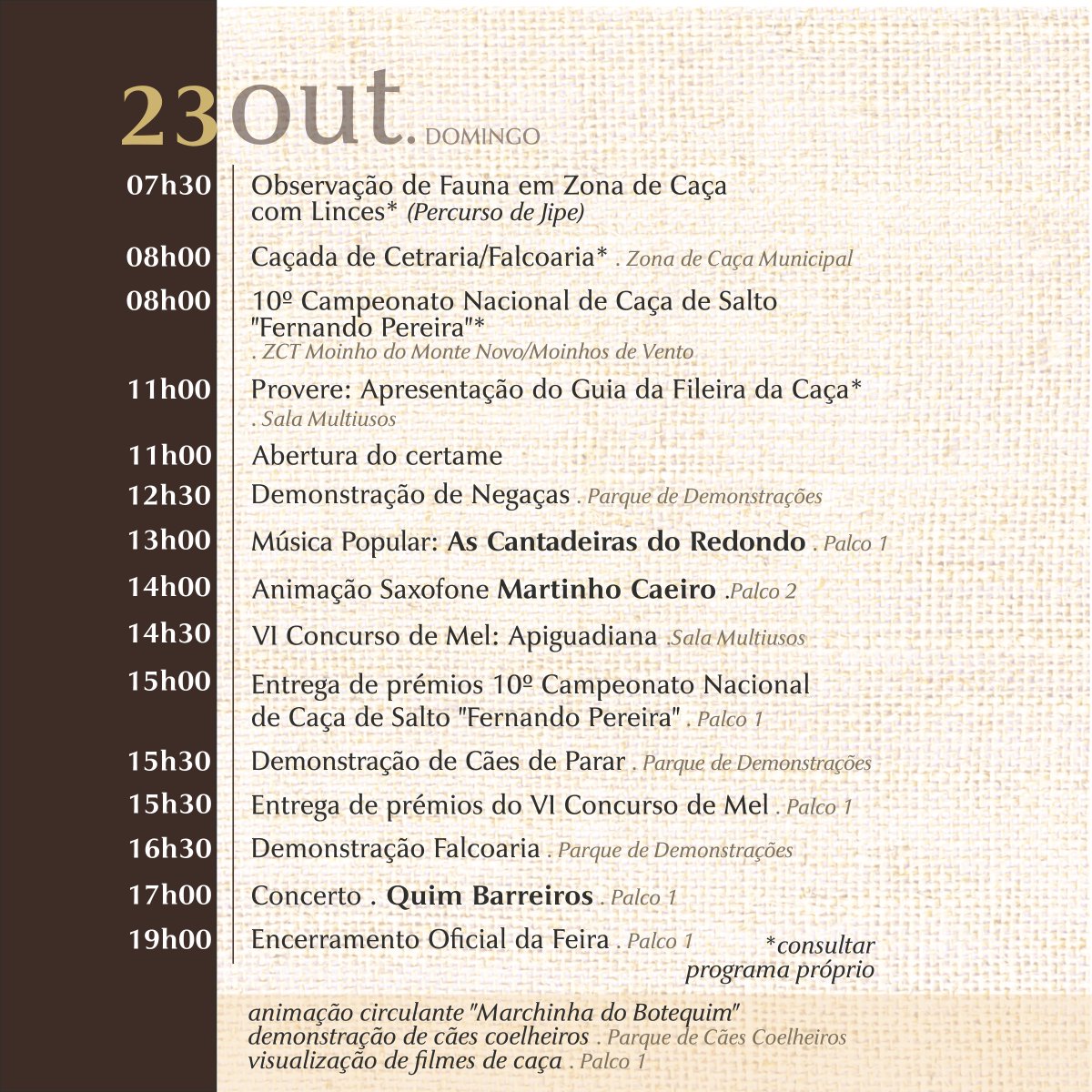 🆕Já se encontra disponível o programa da Feira da Caça de Mértola, que se realiza de 21 a 23 de outubro no Pavilhão Multiusos Expo Mértola.