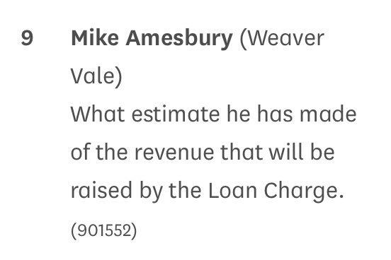 It’s #TreasuryQuestions &amp; Loan Charge &amp; #TaxpayerFairness <a href="/MikeAmesburyMP/">Mike Amesbury</a> has a question on the #LoanCharge.

<a href="/HMRCgovuk/">HM Revenue & Customs</a> &amp; <a href="/hmtreasury/">HM Treasury</a> have consistently refused to give a figure on how much the Loan Charge alone is projected to raise. Time for them to answer!

#LoanChargeScandal
