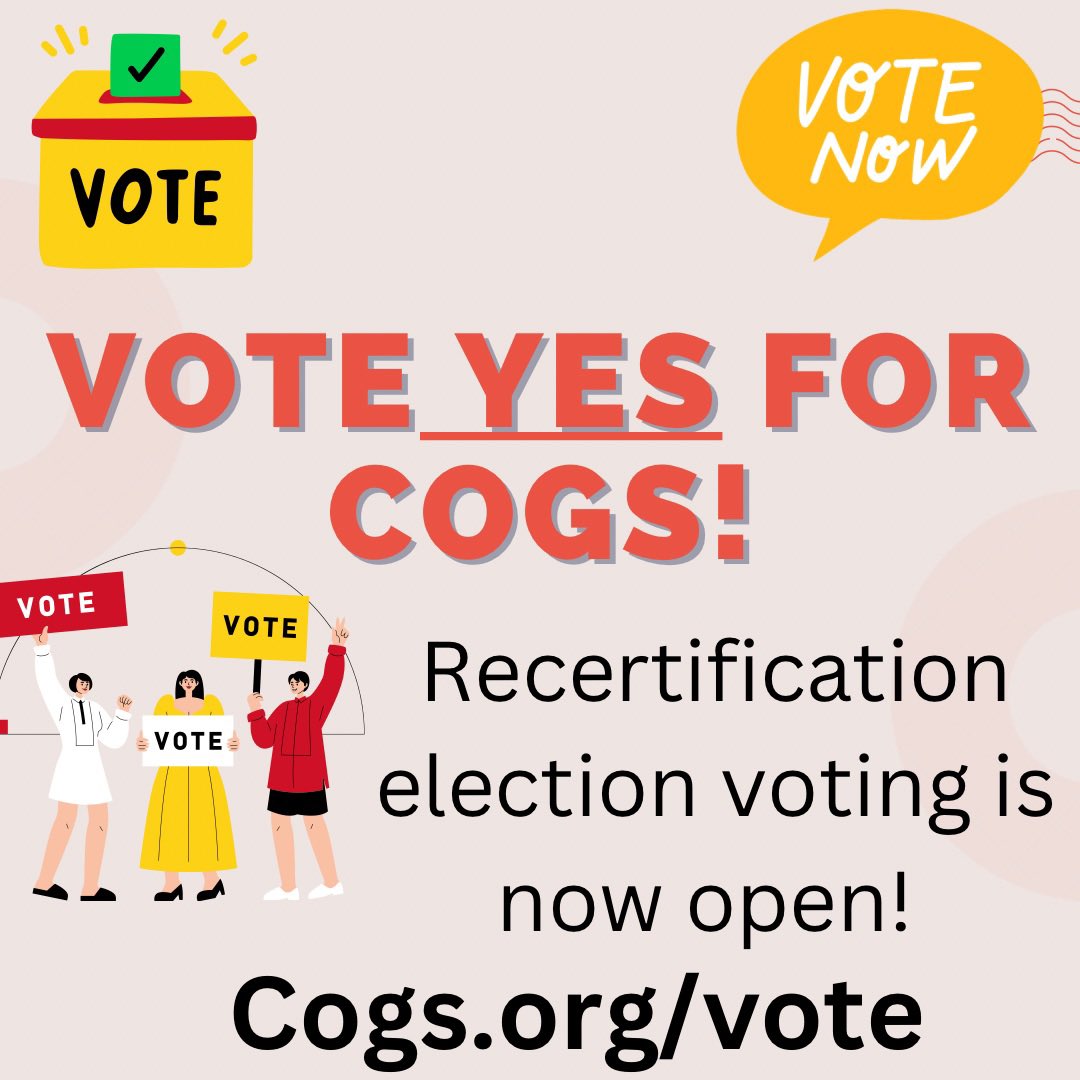 Voting in the COGS 2022 recertification election is now open to all grad TAs and RAs!

We need you to vote YES today to keep our union around to fight for better pay and benefits! 

You can cast your vote at cogs.org/vote 
 Vote today for better pay!